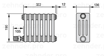 Схема (чертеж) Радиатор Zehnder Charleston 4019/7 №V003 Белый глянцевый RAL 9016